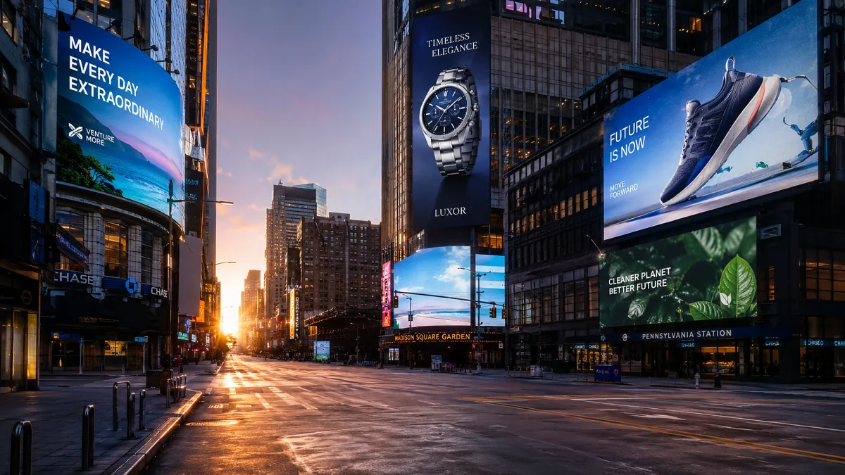 Large digital billboards fill a city intersection at sunrise, creating a broad out-of-home advertising scene with multiple campaign screens.