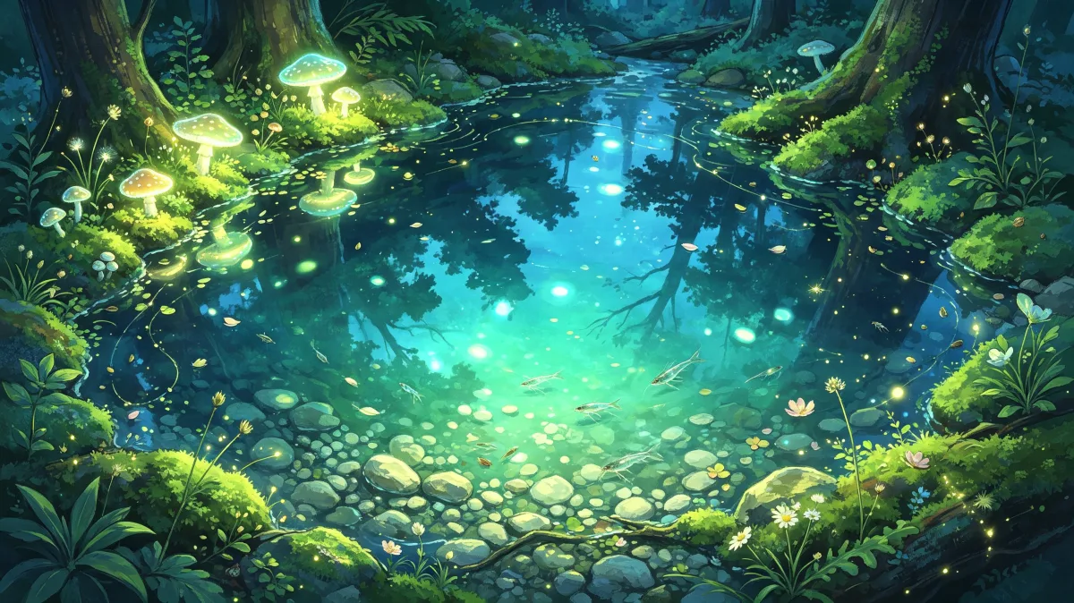 A small forest pond glows with turquoise light, dotted by stones, leaves, tiny mushrooms, and reflections, creating a quiet magical water scene for fantasy nature, night gardens, and enchanted...