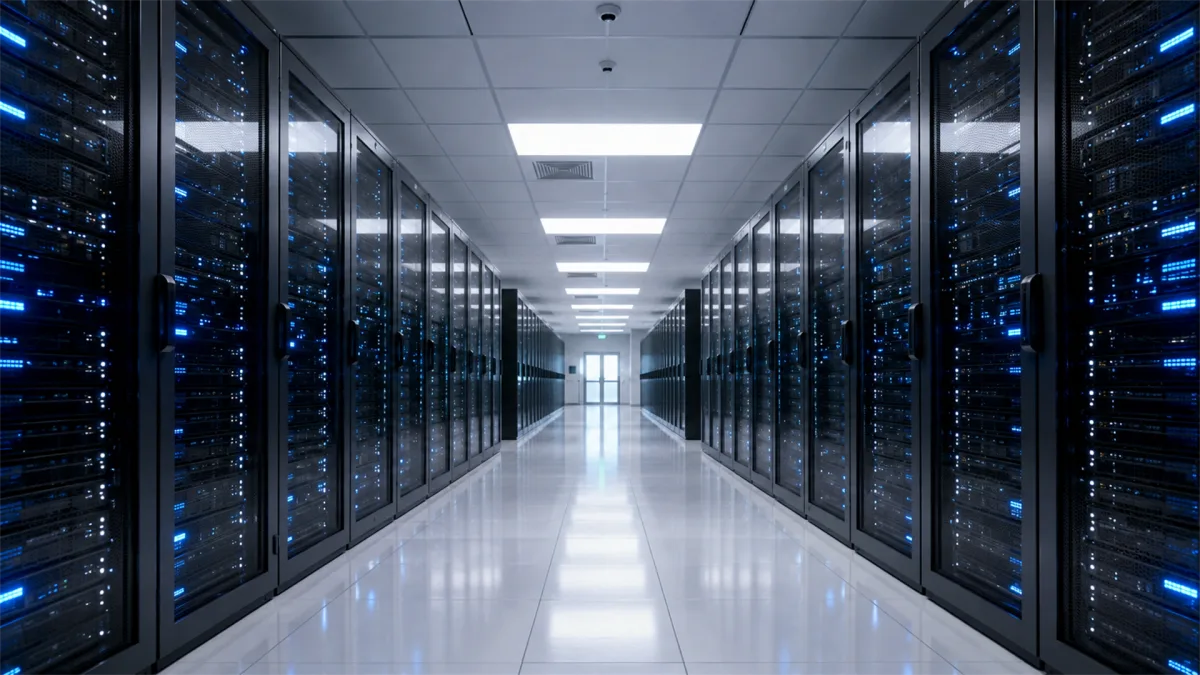 Rows of glass-front server racks line a polished data center corridor under cool ceiling lights, presenting a secure hosting environment for cloud computing, storage, enterprise systems, and...