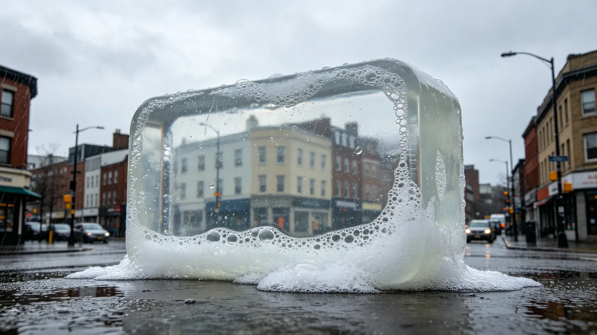 a transparent ice cube surrounds part of a rainy urban street and building facade, suggesting frozen markets, climate extremes, preservation, delay, and the strange pause of everyday city life.