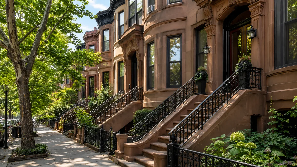 A tree-lined street of brownstone homes shows stoops, railings, greenery, and a classic urban residential character.