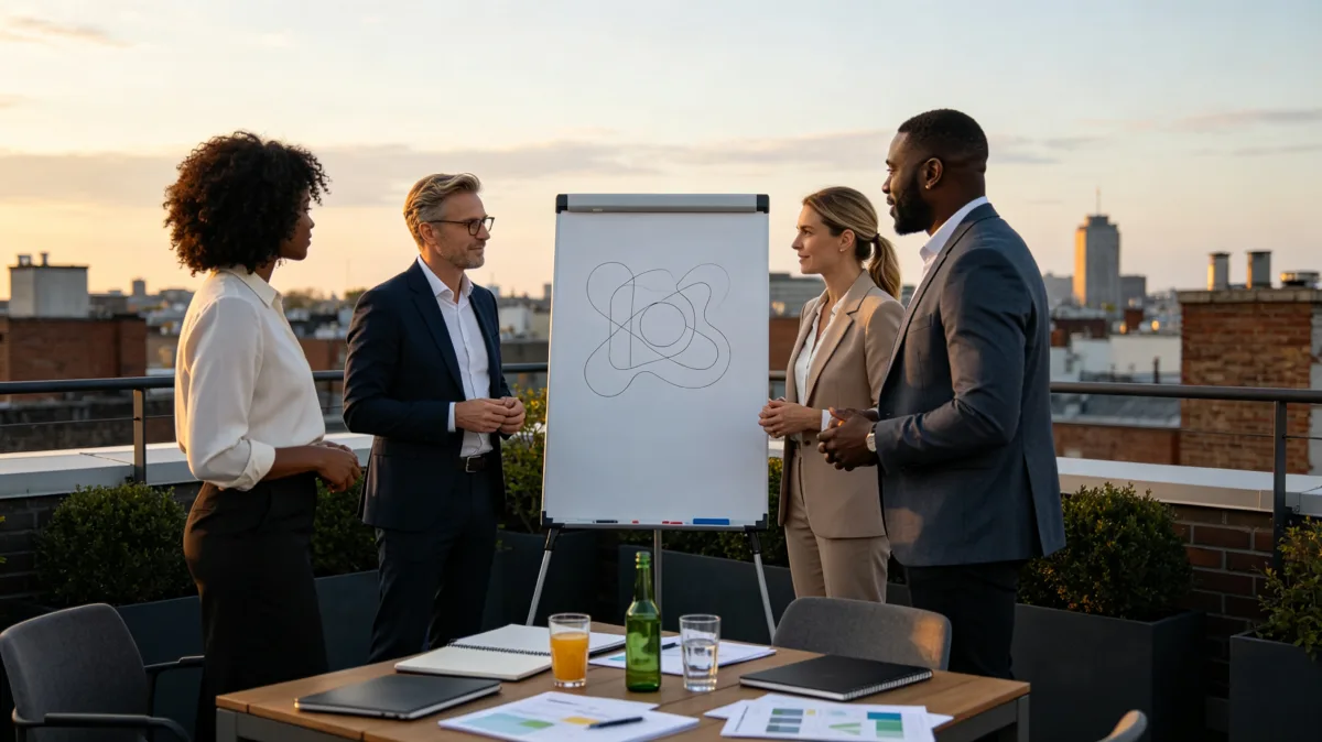 A small group of professionals gathers around a flip chart on a rooftop at sunset, combining open-air meeting energy with planning, presentation, and team discussion against an urban skyline.