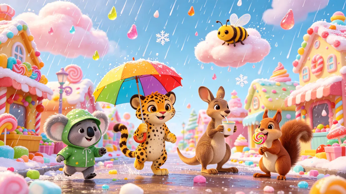 A colorful storybook cartoon scene featuring candy rain parade with cute animals, designed for playful children-friendly illustration use.