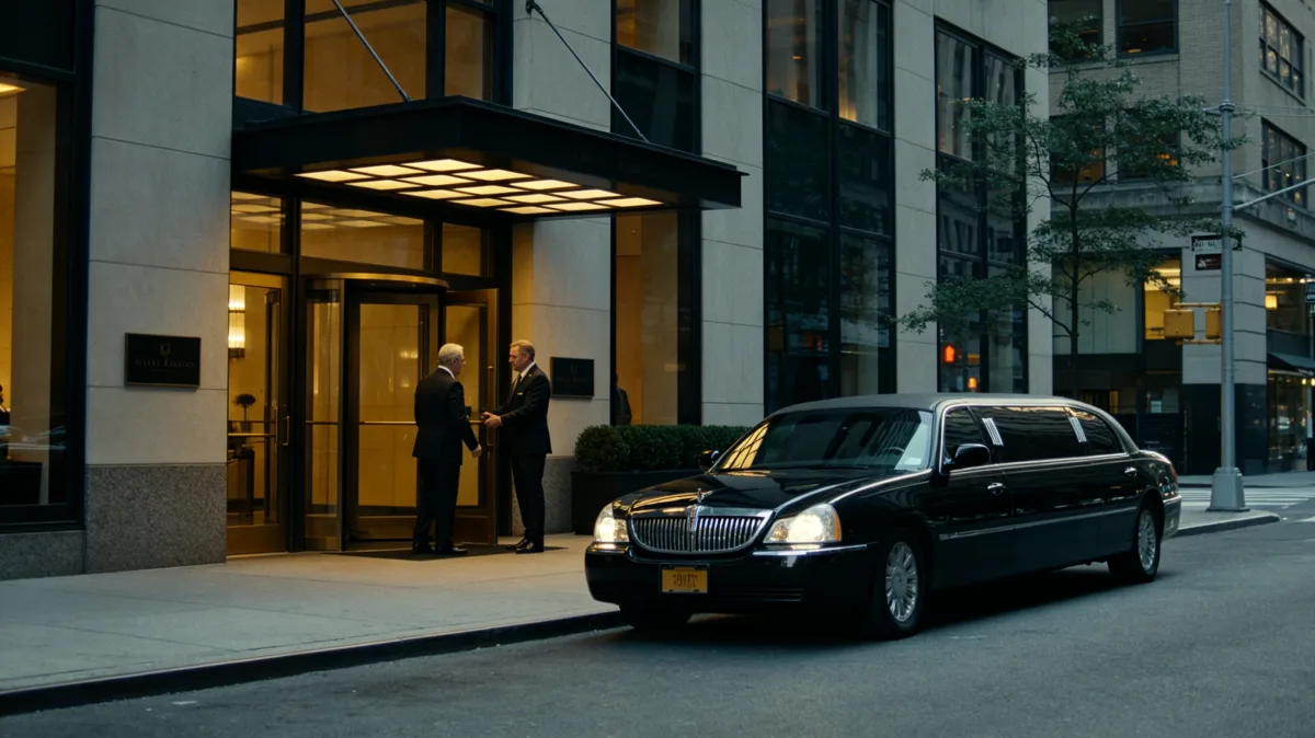 Executive car waiting outside corporate hotel entrance