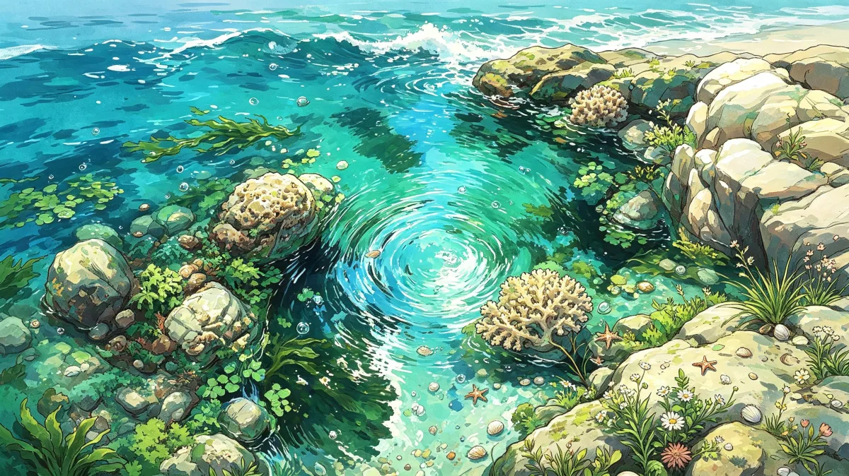 bright ocean water swirls around coral, white rocks, moss, and coastal plants, creating a vibrant tidepool landscape for seaside nature, clean water, tropical travel, and detailed aquatic backgrounds.
