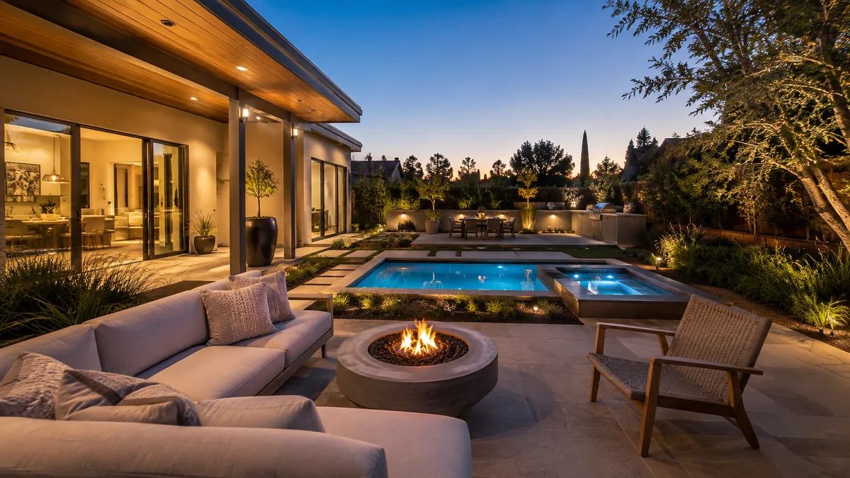 A luxury backyard patio includes a pool, fire pit, outdoor seating, warm lights, and landscaped privacy for evening entertaining.