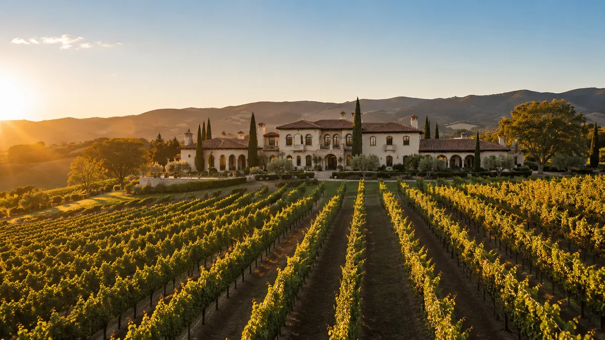 A vineyard estate sits among neat rows of vines under golden sunset light, suggesting rural luxury property and wine-country real estate.