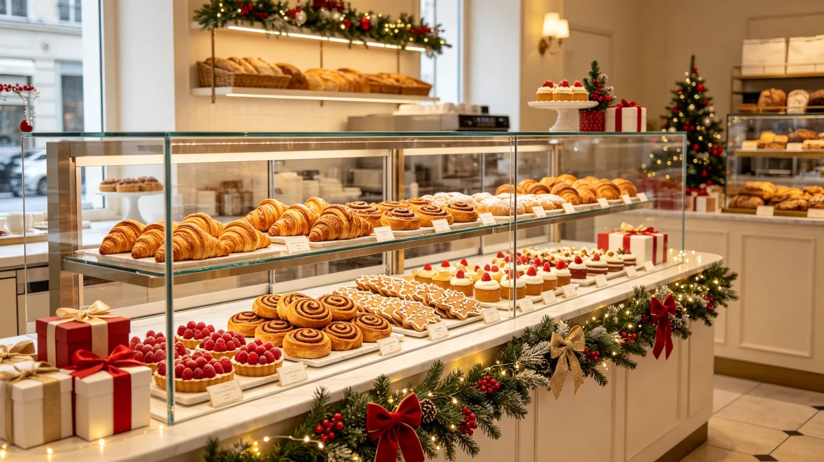 Christmas bakery display case filled with pastries and cakes