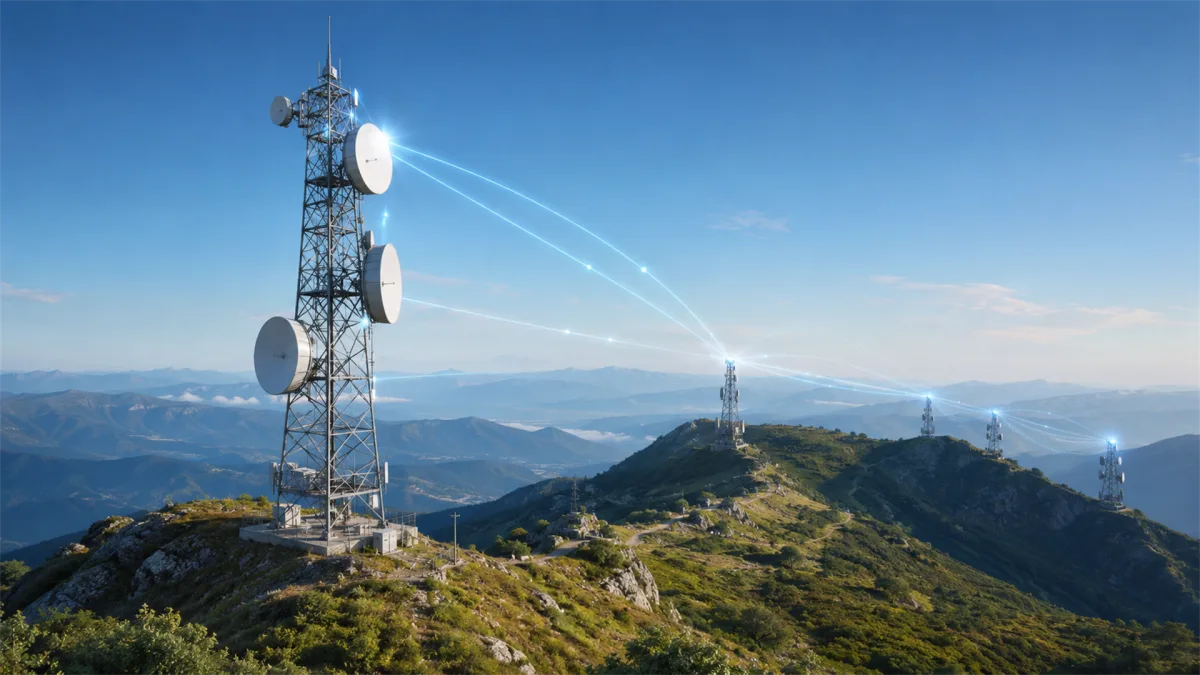 Telecom masts and microwave dishes stand along a mountain ridge, with blue arcs showing line-of-sight wireless communication for rural coverage, backhaul, emergency services, and remote internet...