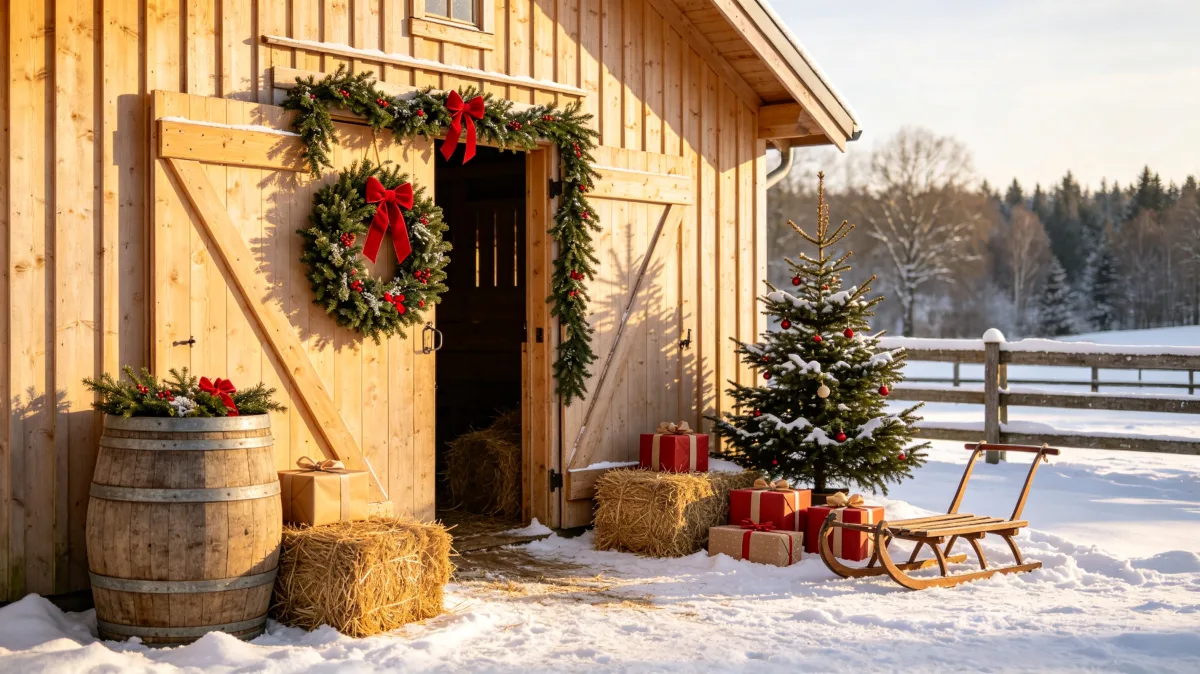 rustic cabin door with Christmas wreath, tree, sled, and snow
