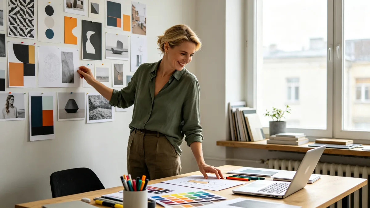 A woman stands beside a wall of color cards, patterns, and sketches at a creative desk, showing art direction, branding work, visual planning, and design decision-making.