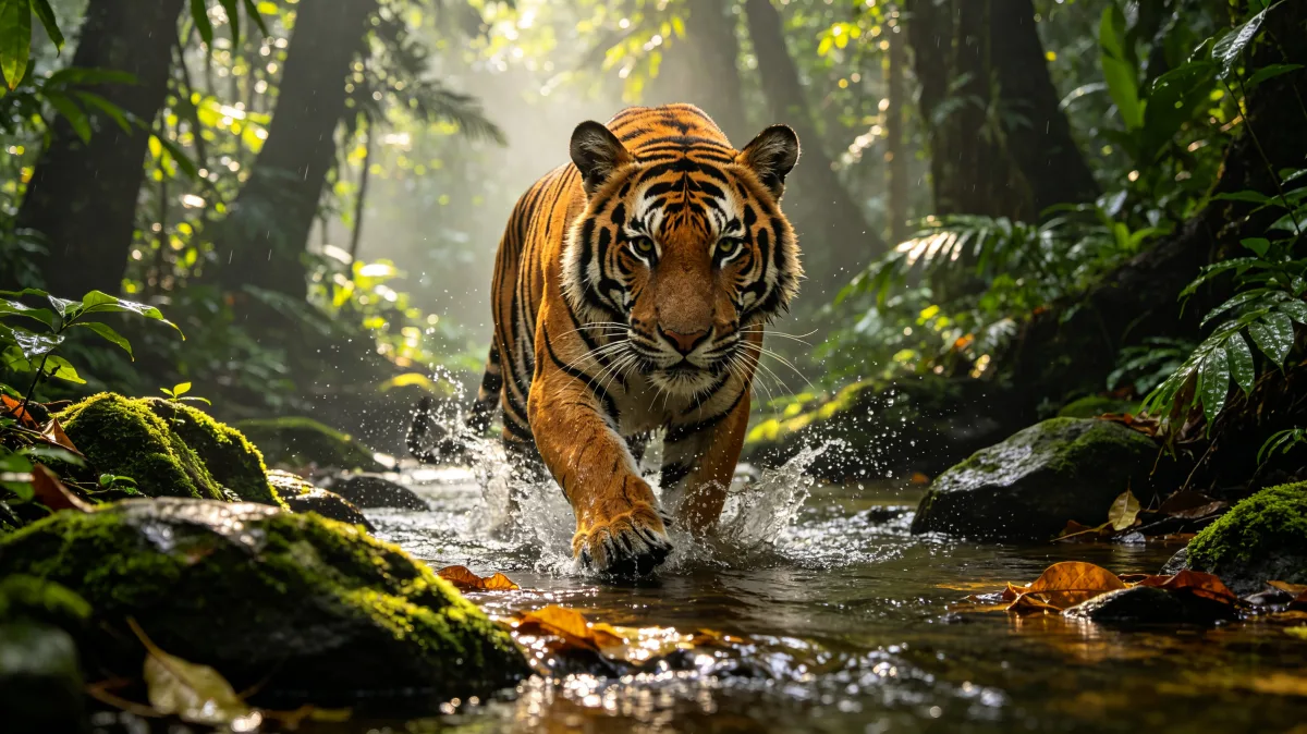Tiger walking through tropical rainforest stream