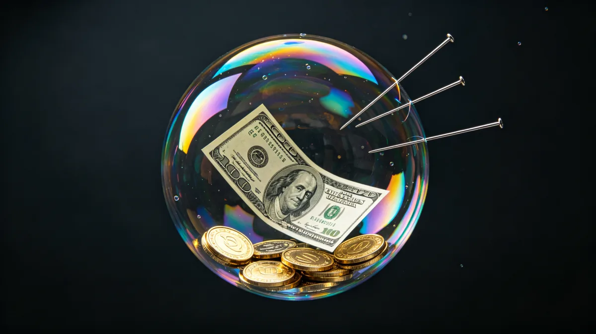 A glossy bubble encloses a dollar bill and coins against a dark background, with pins or thin objects nearby that hint at fragility, risk, and the possibility of a bubble bursting.