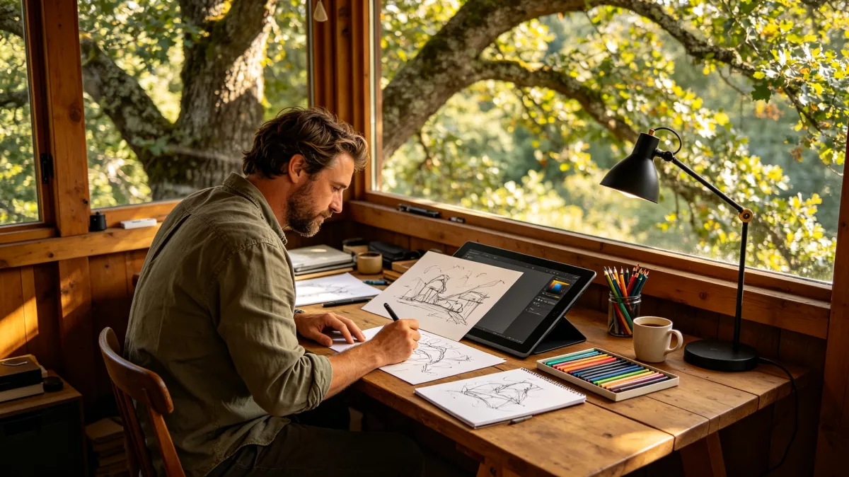 A man sketches at a wooden desk facing large windows and trees, with drawings, pens, and a task lamp around him, creating a focused creative-work scene away from a conventional office.