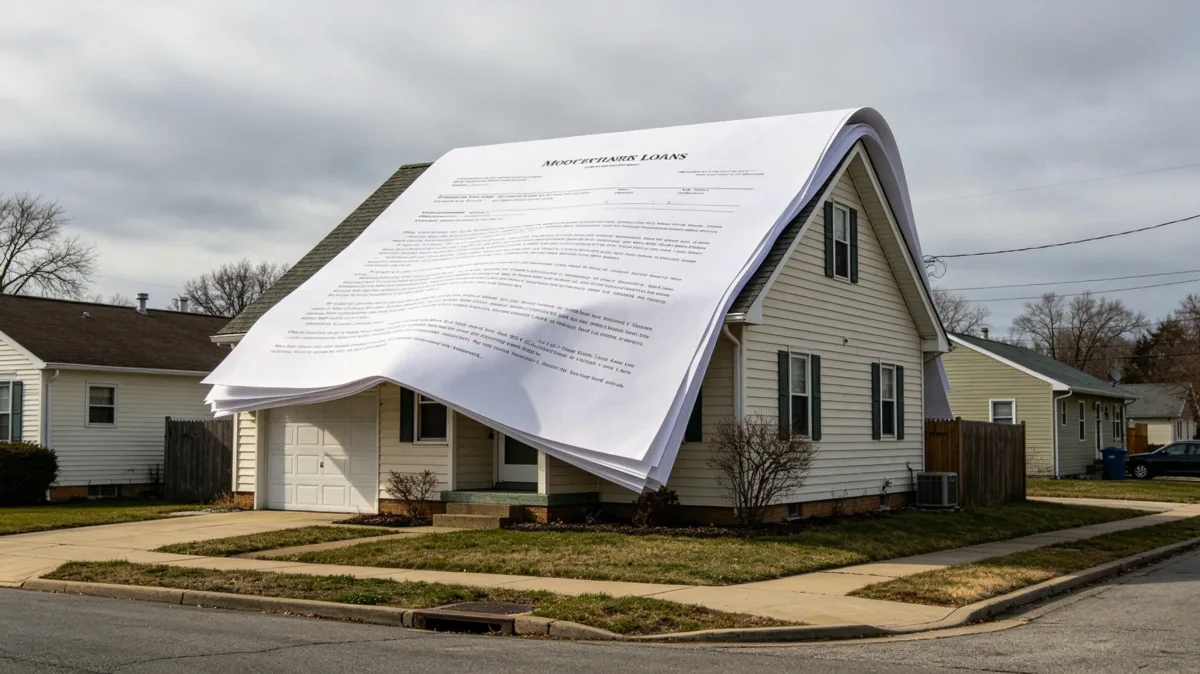 A giant contract or paper document lies over the roof of a suburban house, creating a direct real estate and legal paperwork metaphor about mortgages, ownership, leases, insurance, and property...
