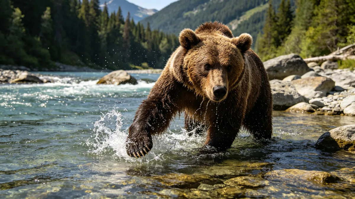 Brown bear walking through shallow mountain river