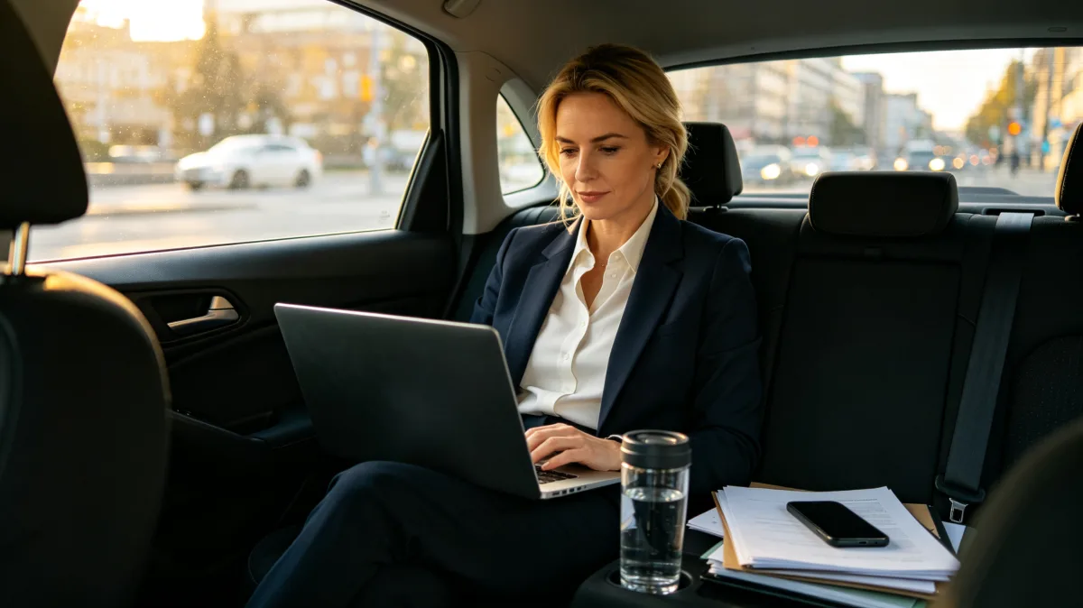 A woman works on a laptop in the back seat of a car with papers, water, and city light outside, presenting mobile executive work, travel productivity, and professional tasks between appointments.