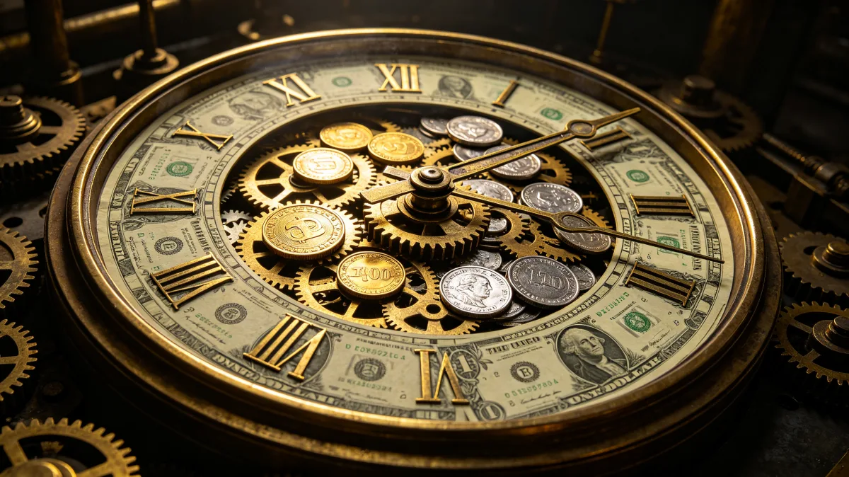 A close-up clock face integrates gears, coins, and dollar bills under warm light, presenting time, compounding, schedules, and financial mechanisms as one precise mechanical system.