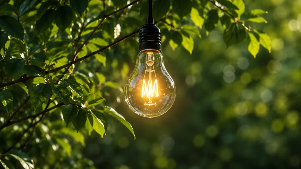 A warm filament bulb hangs among green leaves in soft natural light.