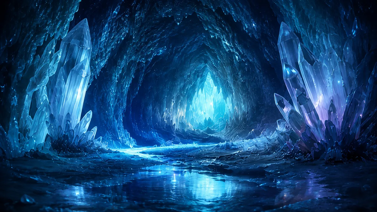 blue ice cave with glowing crystal and reflective water