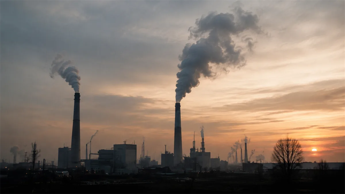 Industrial smokestacks rise at sunset, suggesting manufacturing output, energy costs, industrial growth, and the environmental side of economic production.