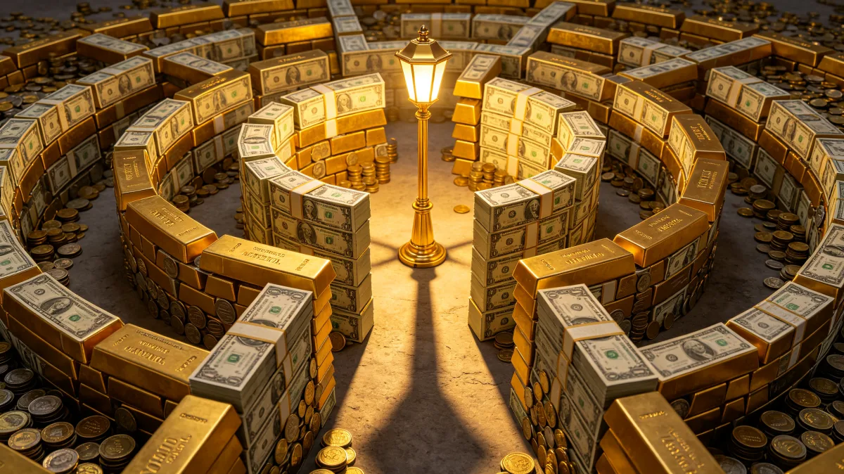 Tall walls made of stacked banknotes form a circular maze around a glowing central light and a dollar symbol, creating a complex image about navigating money decisions, debt, regulation, or...