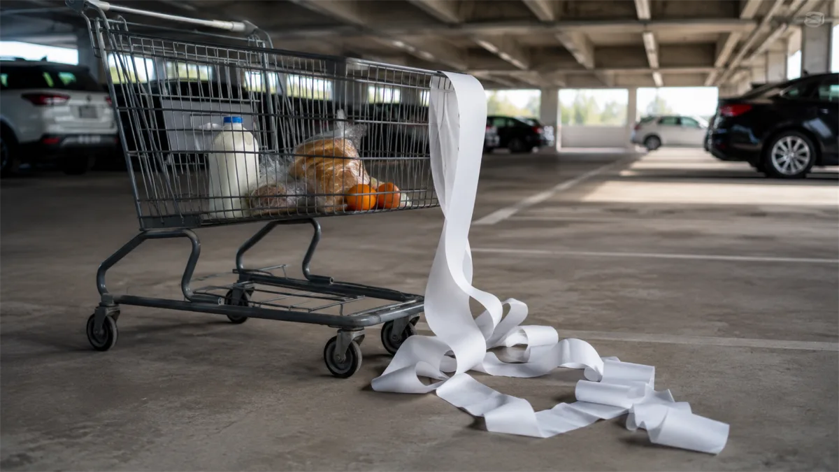 A shopping cart trails a long receipt through a parking garage, suggesting stretched grocery bills, consumer fatigue, and everyday inflation.