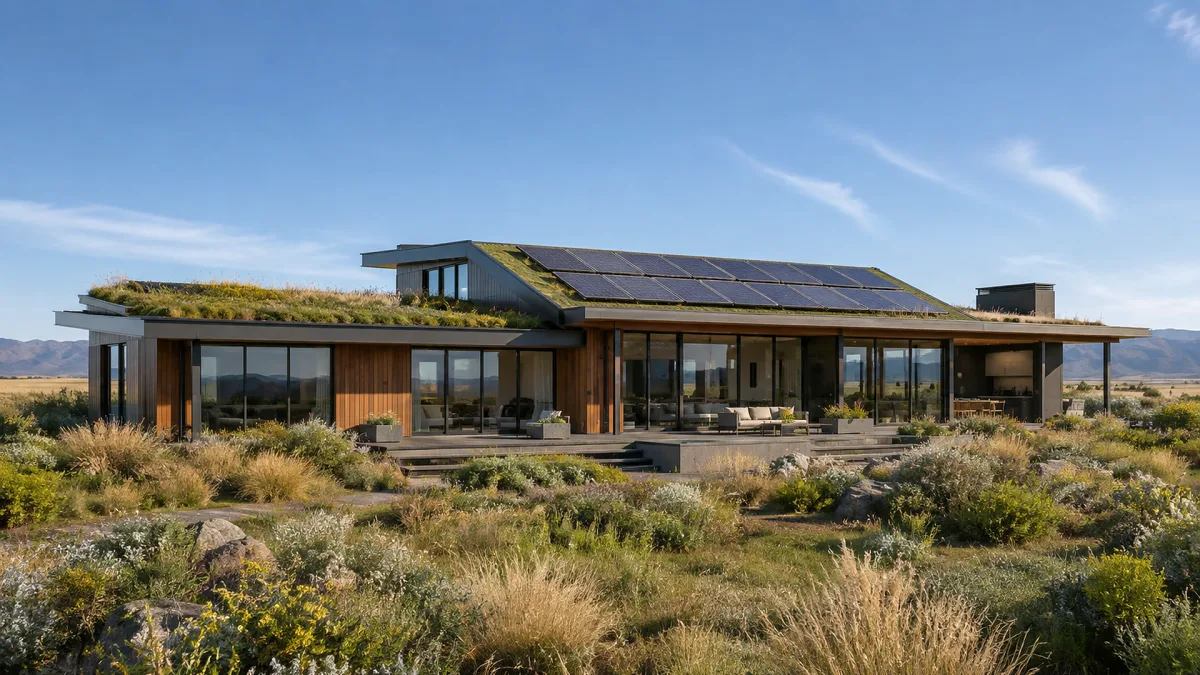 A low desert home integrates solar panels, green roof, native grasses, broad glass, and sustainable modern architecture.