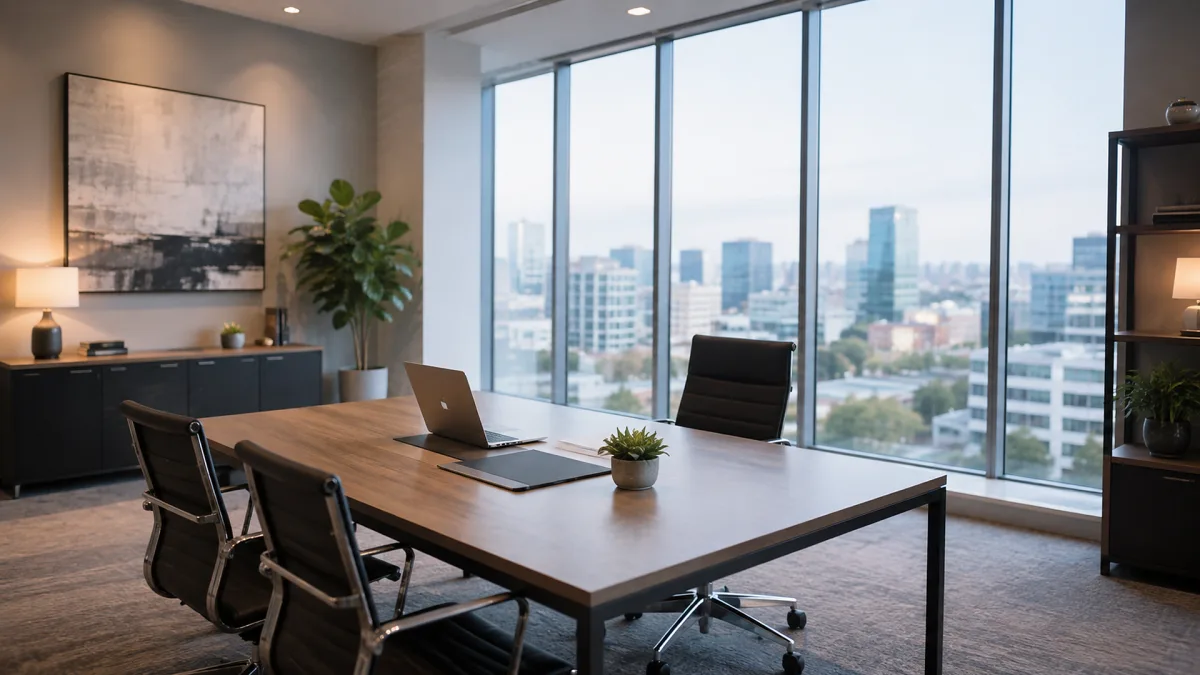 A modern conference room overlooks a city skyline, suited to commercial real estate meetings, leasing, and property strategy.