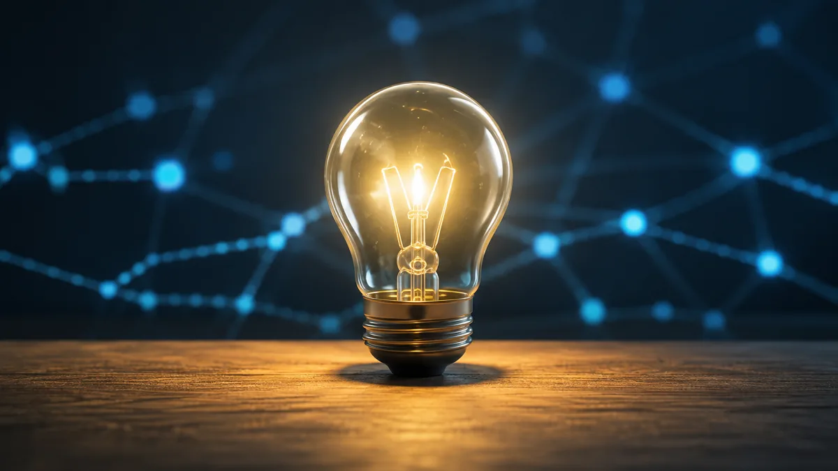 A glowing bulb stands before a blue digital network pattern as an energy innovation concept.