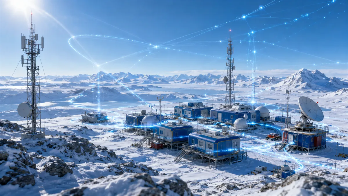 A remote snowy research or communications base sits below mountains with antennas and digital arcs in the sky, suggesting polar connectivity, satellite backhaul, remote monitoring, and internet...