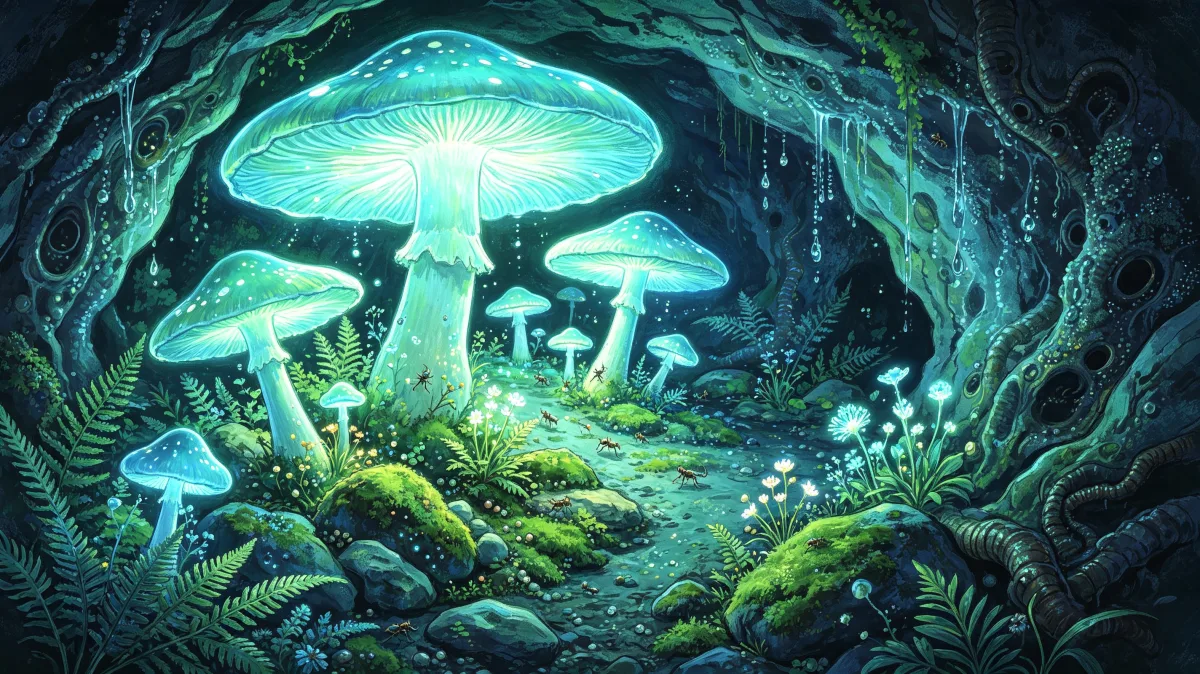 Large glowing mushrooms rise from mossy rocks inside a cave with blue-green light, forming a mysterious underground habitat for fantasy ecology, hidden worlds, natural magic, and cinematic forest...