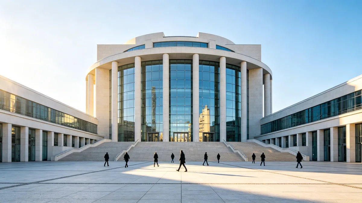 a large glass government complex faces a broad open plaza.