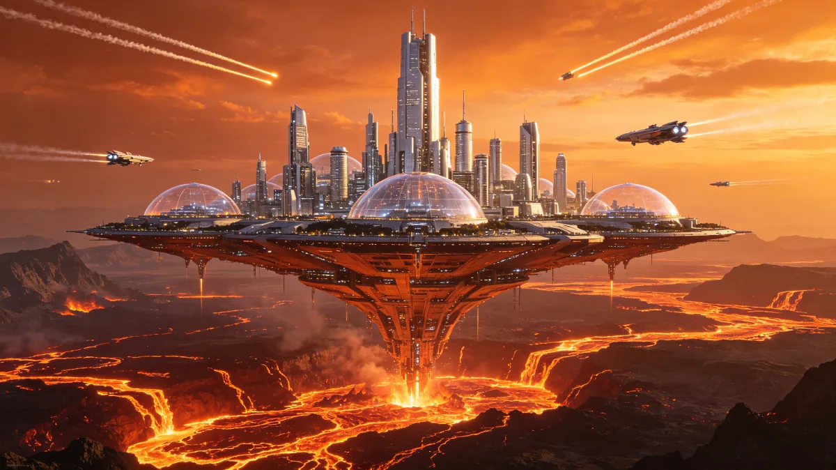 Floating Desert City Over Lava Plain