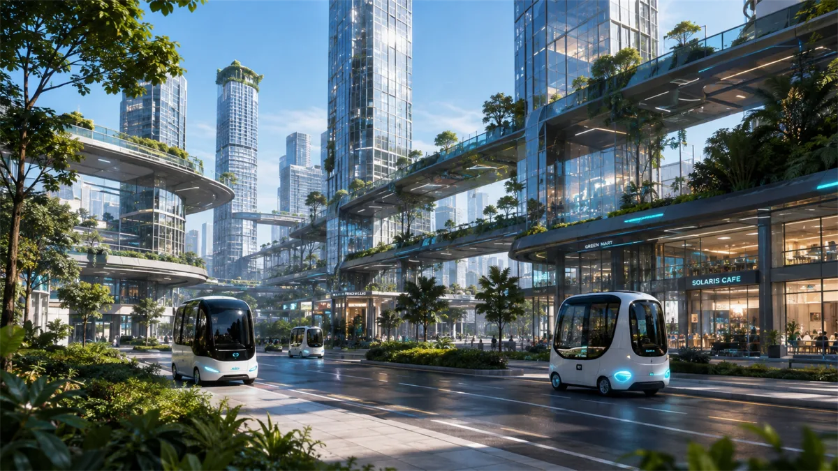 A green future city street combines elevated gardens, glass buildings, autonomous shuttles, and dense urban greenery.