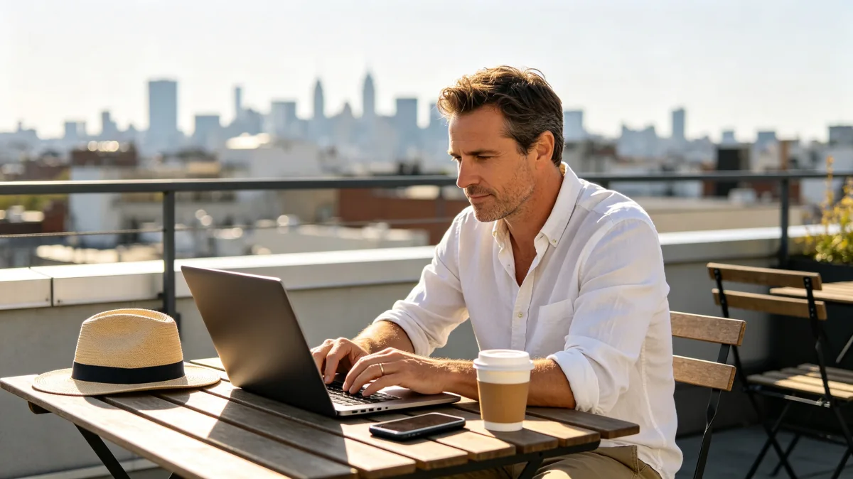 A man works on a laptop at a rooftop table with coffee, a hat, and a city skyline in soft light, creating a polished image of mobile work, business travel, and flexible urban productivity.