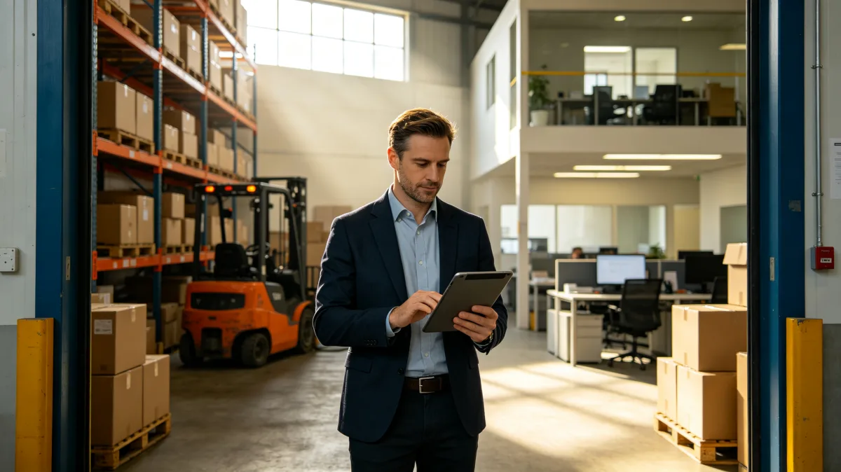 A man in a suit checks a tablet in a warehouse with racks, boxes, a forklift, and office space behind him, showing logistics oversight and digital operations management.