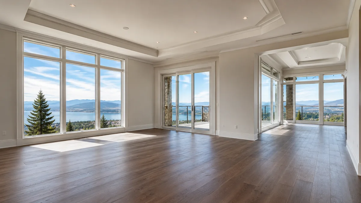 An empty high-rise apartment shows polished floors, balcony doors, large windows, and distant mountain and lake views.