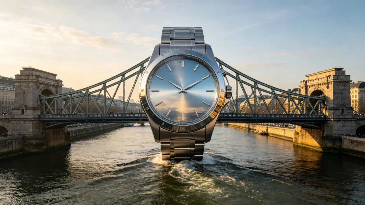 a massive wristwatch appears to rest across a city bridge and river at sunset, using scale distortion to express time, travel, infrastructure schedules, deadlines, and urban rhythm.
