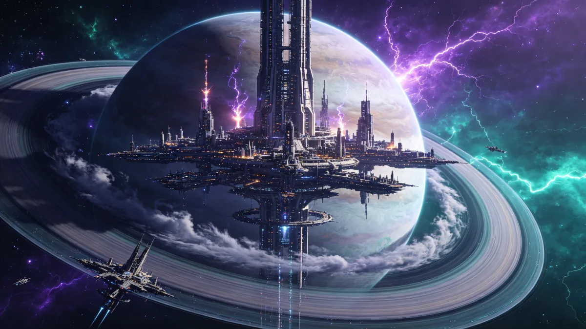 Futuristic Island City Under Electric Sky