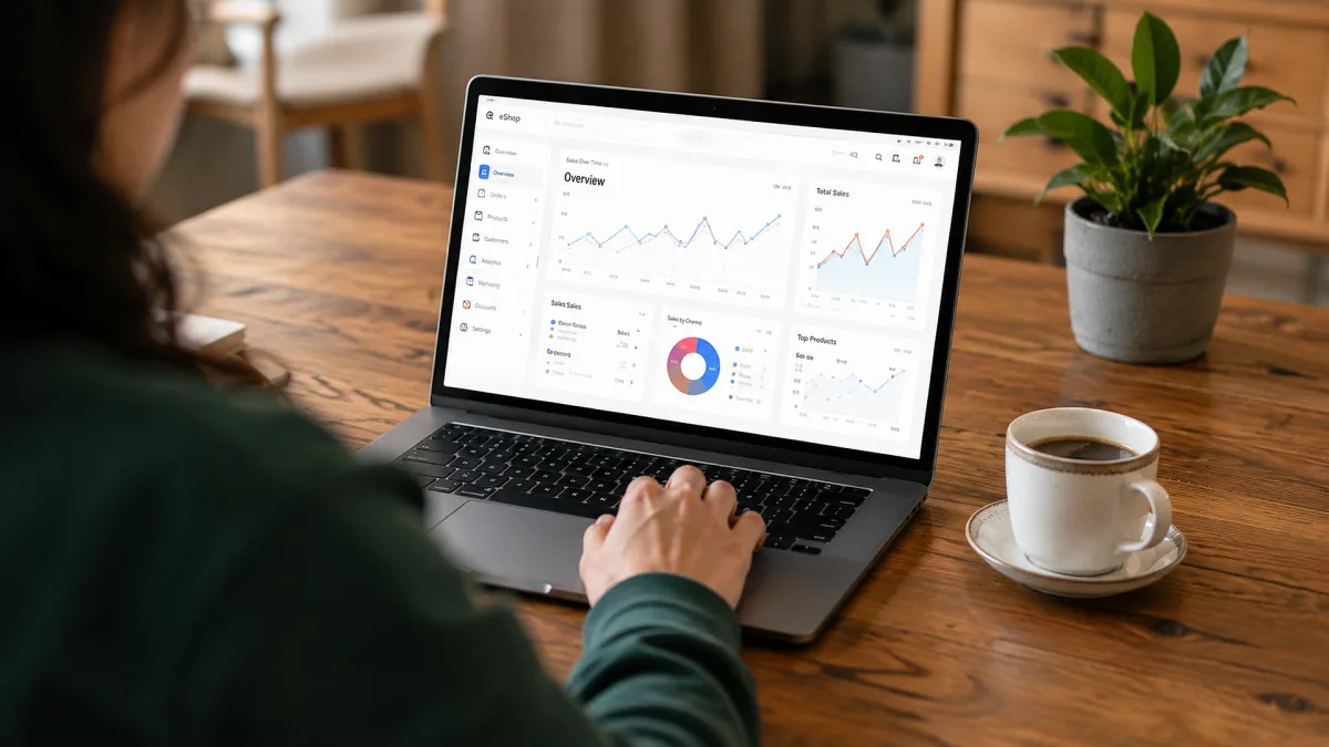 A seller reviews an online store dashboard and sales charts on a laptop at home.