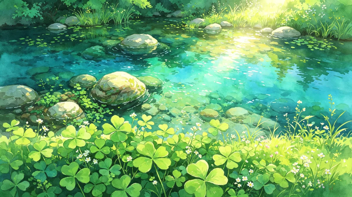 Sunlit clear stream with clover and rocks