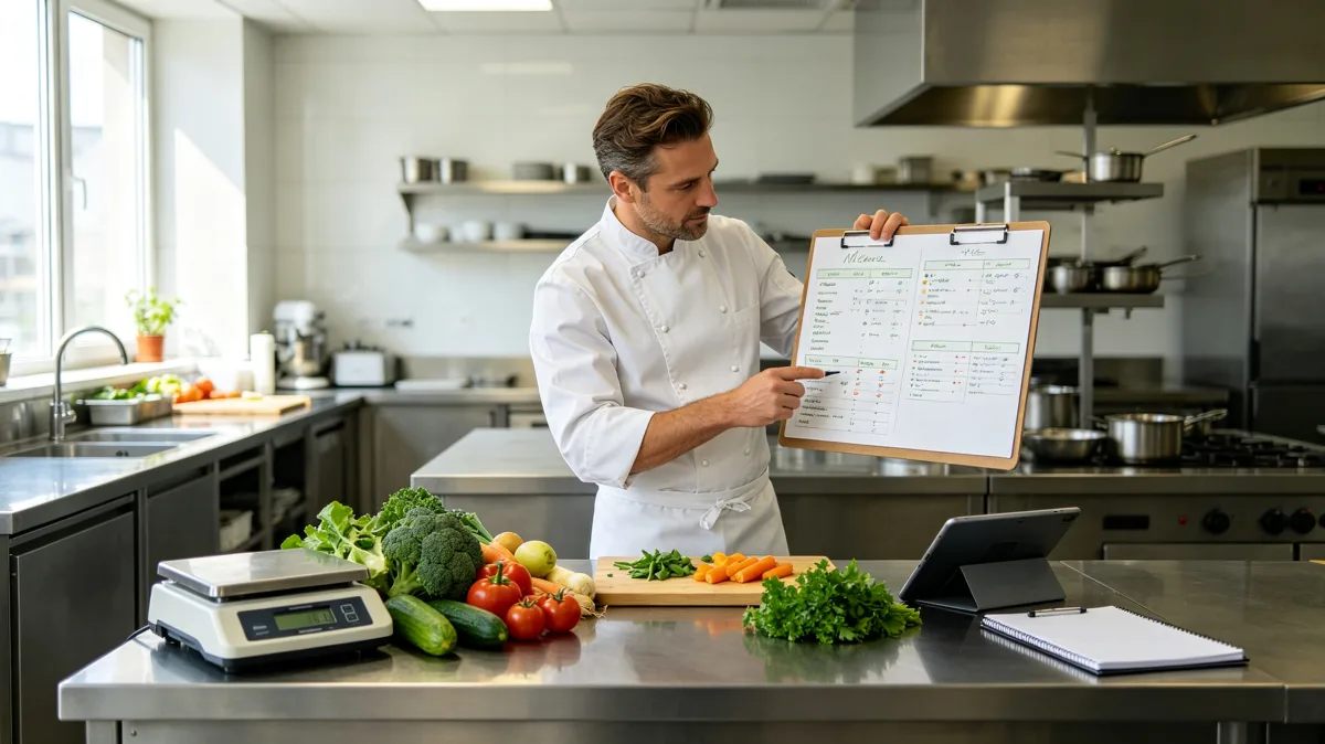 A chef stands in a commercial kitchen reviewing a wall schedule or checklist near fresh vegetables and cooking equipment, showing restaurant operations, food service planning, and culinary management.
