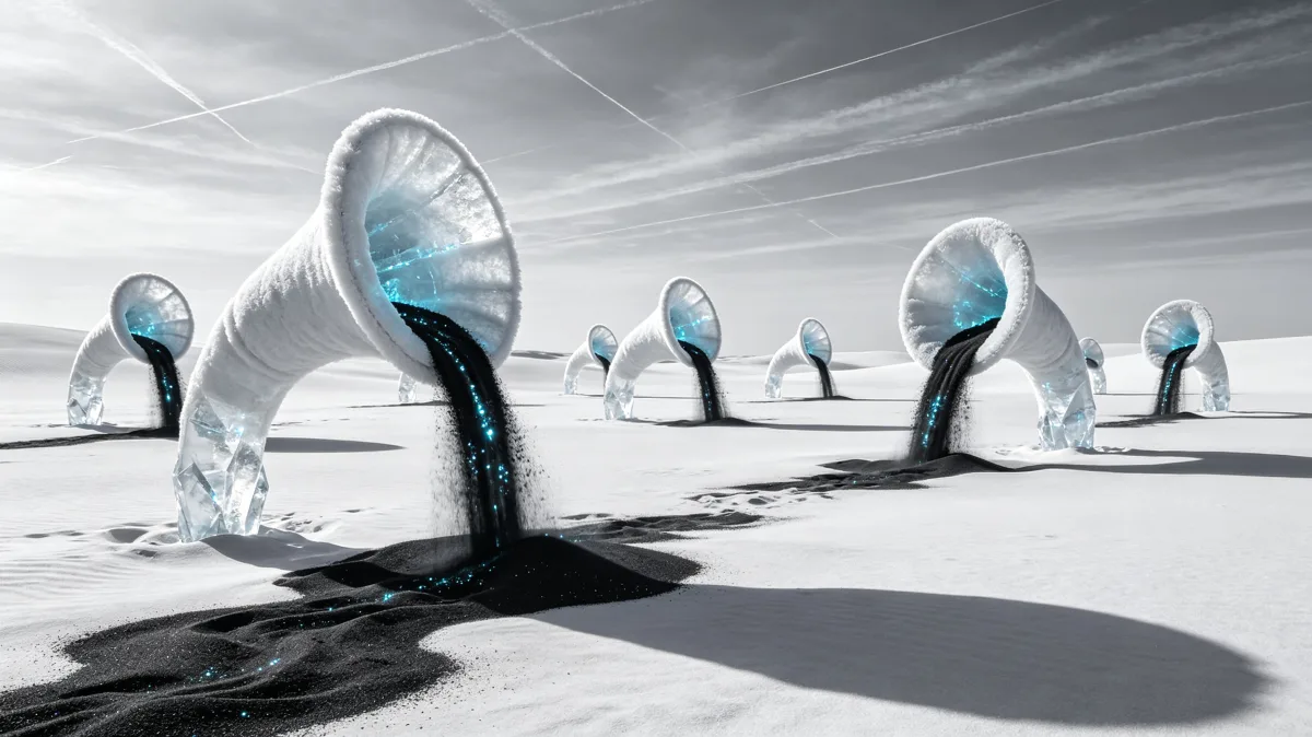White curved sculptures rise from a pale salt flat under a streaked gray sky.