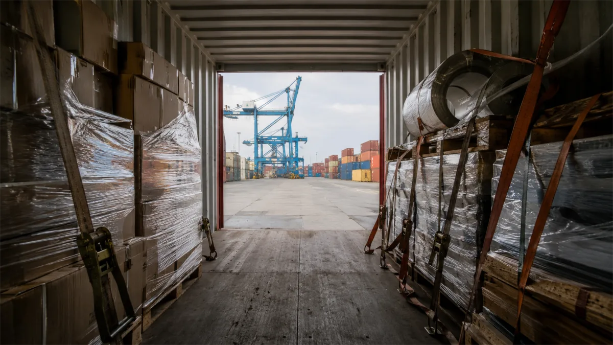 palletized freight inside trailer looking toward port cranes