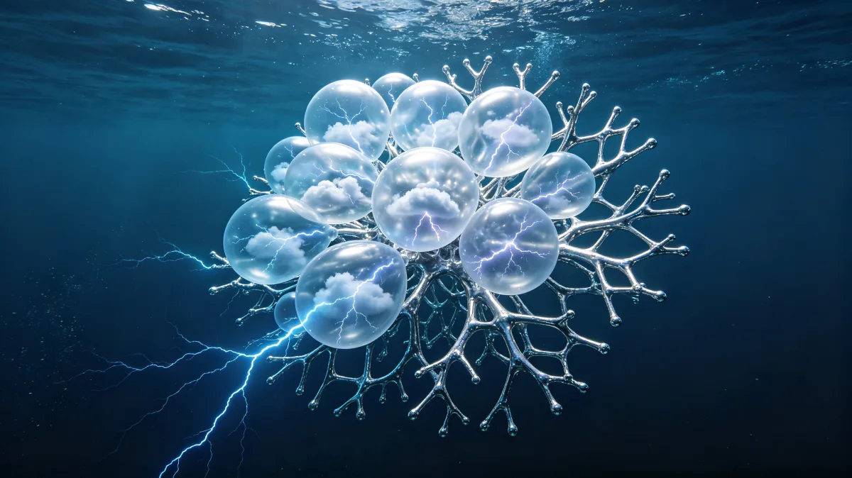 A branching underwater bubble form glows with electric blue-white light.