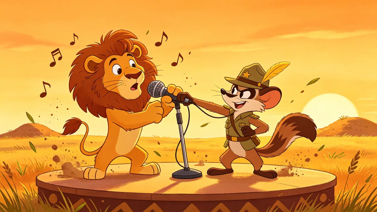 A colorful storybook cartoon scene featuring lion and squirrel sunset music show, designed for playful children-friendly illustration use.