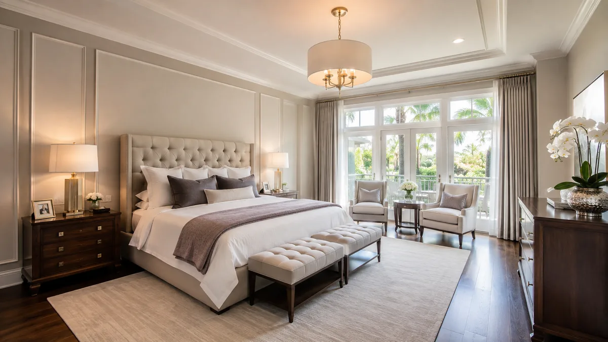 A calm primary bedroom suite features a large bed, chandelier, neutral textiles, seating area, and garden-facing windows.