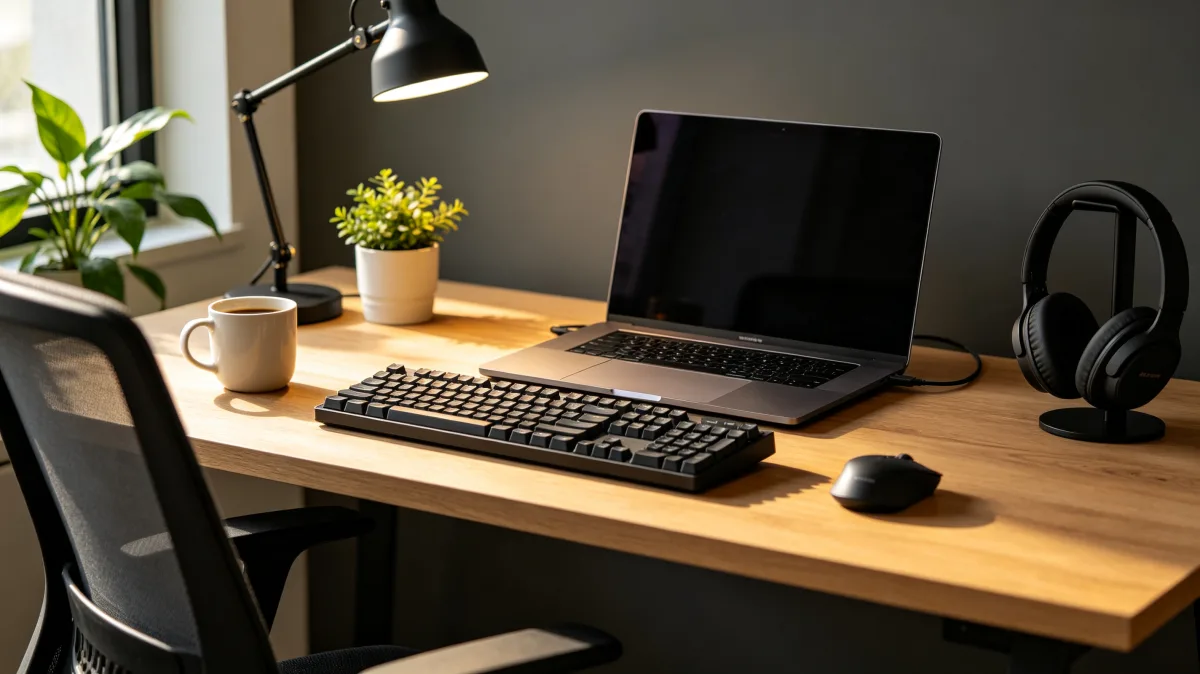 A clean wooden desk holds a laptop, keyboard, mouse, headphones, coffee, and a small plant, offering a tidy workspace background without people for productivity and remote-work themes.