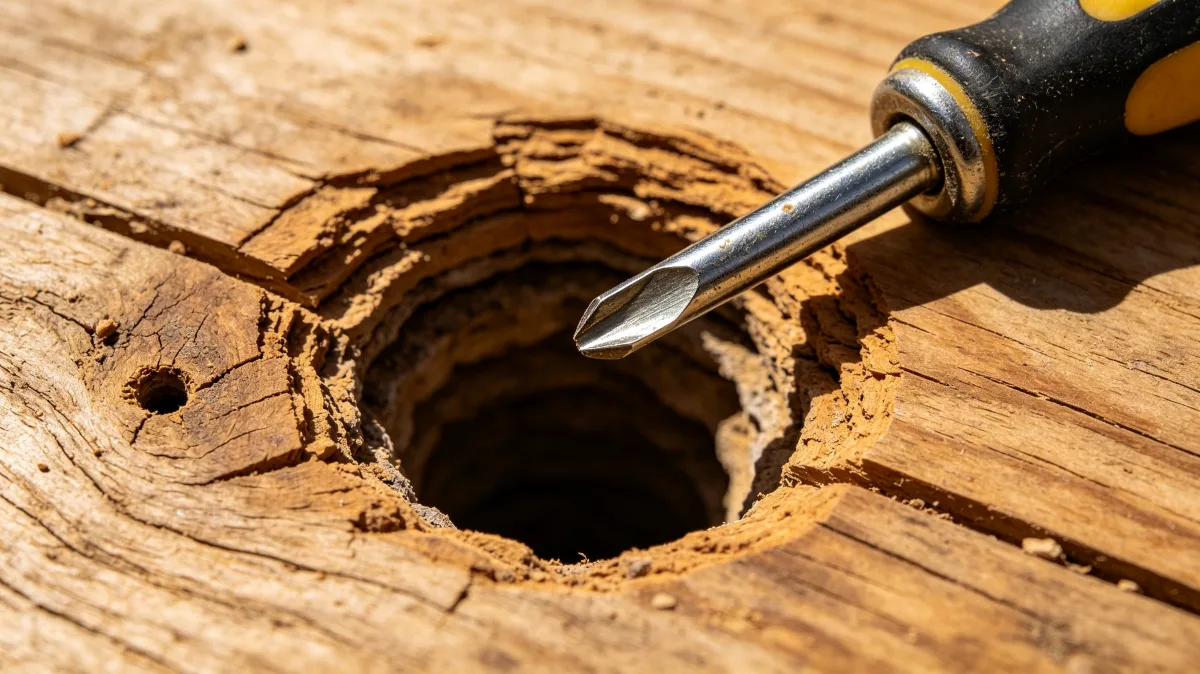 a screwdriver rests near a rough circular hole in weathered wood, showing a close domestic repair scene with sawdust, stripped material, tool marks, and the tactile evidence of hands-on maintenance.